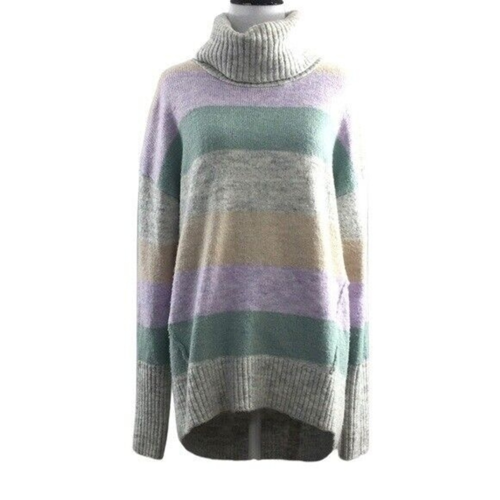 Gap Gray Purple Multi Stripe Knit Rib Neck Turtleneck Sweater Womens Medium